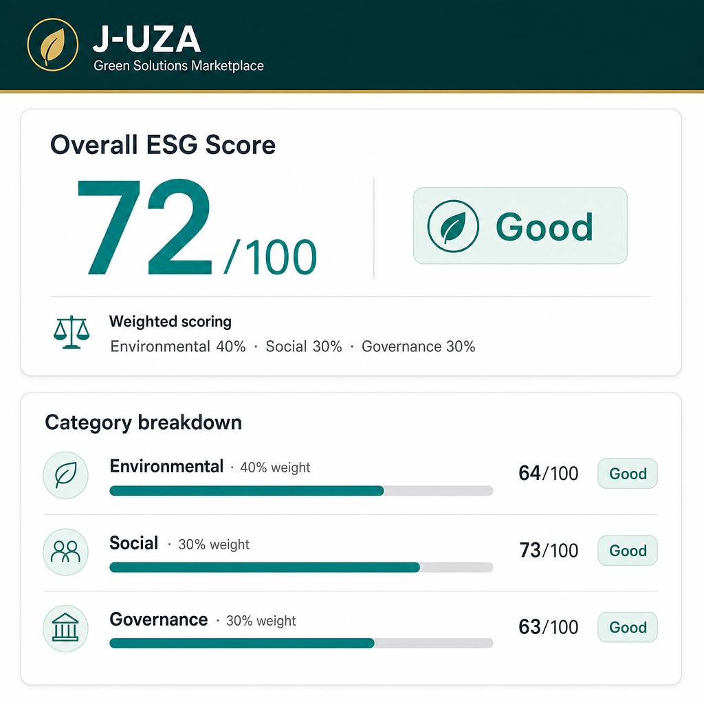 Preview of the overall ESG score and category breakdown section of a J-Uza sustainability report